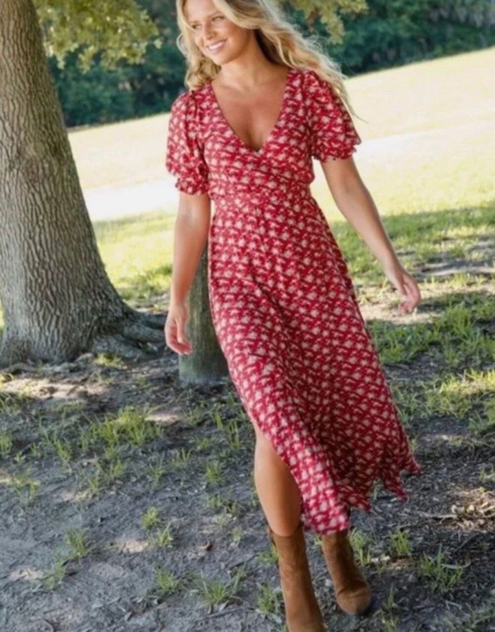 Natural Life Sophia Ditsy Floral Boho Wrap Maxi Dress in Red Size L - Picture 3 of 12